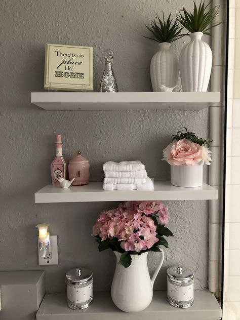 Spa Shelves, Girly Bathroom Ideas For Women, Small Bathroom Closet Ideas, Apartment Refresh, Half Bath Decor, Bathroom Things, Toilet Closet, Girly Bathroom Ideas, Girly Bathroom