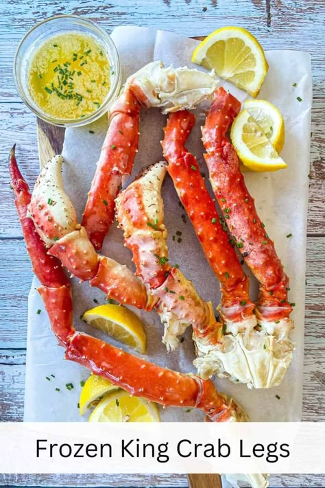 Here's the easiest and best recipe for cooking frozen king crab legs at home! Includes easy lemon butter garlic dipping sauce recipe, which goes perfectly with the juicy crab leg meat. Steamed King Crab Legs Recipe, How To Cook Crab Legs At Home, King Crab Recipe, King Crab Legs Recipe, Juicy Crab, Aprons To Sew, Garlic Dipping Sauce, Camper Food, Cooking Crab Legs