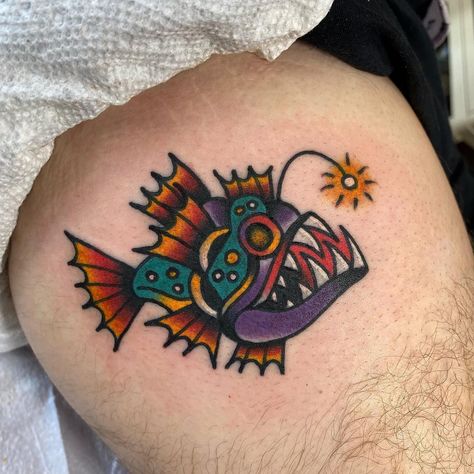 Angler Fish Tattoo Traditional, American Traditional Angler Fish Tattoo, Weird Traditional Tattoo, American Traditional Fish Tattoo, American Traditional Fish, Colorful Fish Tattoo, Anglerfish Tattoo, Big Traditional Tattoo, Fish Traditional Tattoo