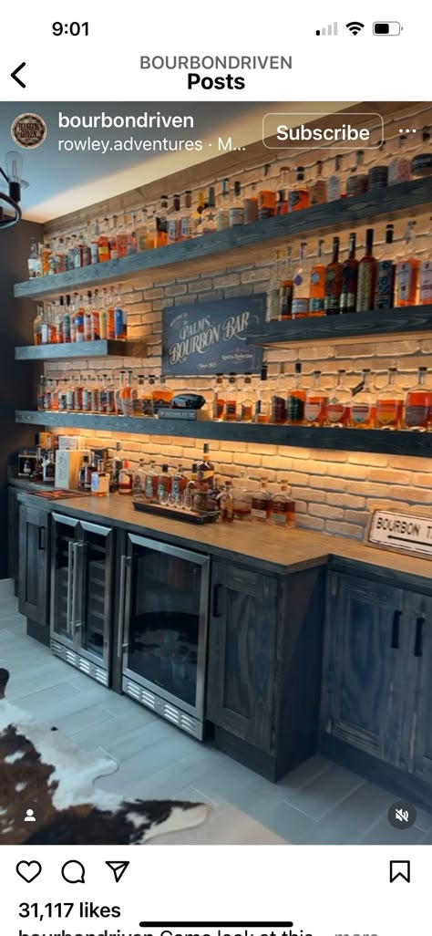 Diy Bar Lighting Ideas, Large Liquor Cabinet Ideas, Garage To Bar Conversion, Bourbon Display Cabinet, Man Cave Wet Bar, Bourbon Wall Display, Bourbon Display Ideas, Dry Bar Wall Ideas, Bourbon Bar Ideas