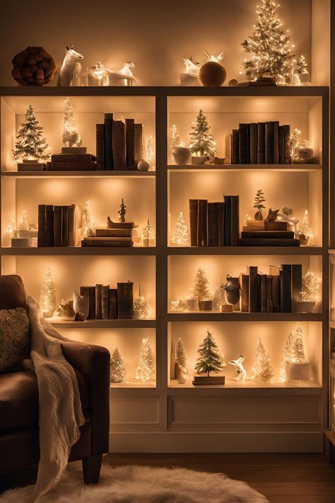 Dress Up Your Bookshelves with Subtle Light Accents Christmas Light Indoor Ideas, Bookshelf Fairy Lights, Decorating Built Ins For Christmas, Christmas Bookcase Decorating Ideas, Lighted Bookshelves, Bookshelves Lighting, Bookshelf Lighting Ideas, Indoor Christmas Lights Ideas, Christmas Light Decor Ideas