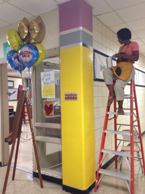 Pencil painted columns in the hallway of an elementary school Painted Columns, School Hallway Decorations, School Hall, School Improvement, School Bathroom, School Entrance, School Hallways, School Culture, School Wall Art