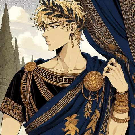 Roman Anime Guy, Gladiator Oc Male, Greek Mythology Outfits Male, Blonde Knight Male, Greek Clothes Male, Athenian Warrior, Greek Character Art, Greek Character Design, Greek Tunic