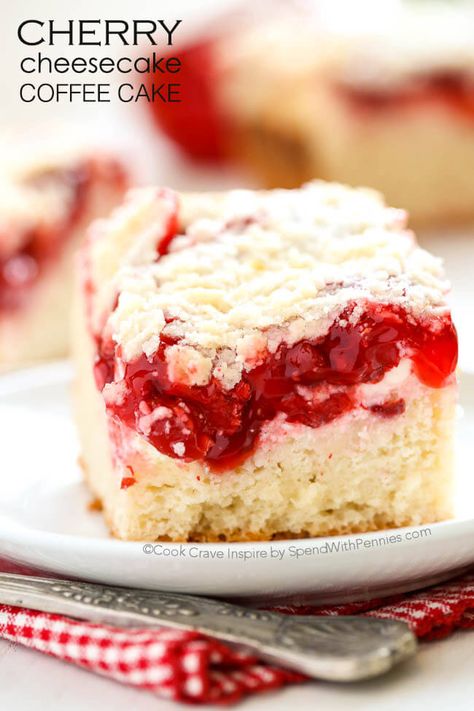 Cherry Cheesecake Coffee Cake is the perfect dessert. A rich buttery coffee cake topped with layers of cheesecake, cherries & streusel. Cheesecake Coffee Cake, Spend With Pennies, Cherry Desserts, Breakfast Sweets, Cherry Cheesecake, Cherry Recipes, Coffee Cake Recipes, A Piece Of Cake, Cherry Pie Filling