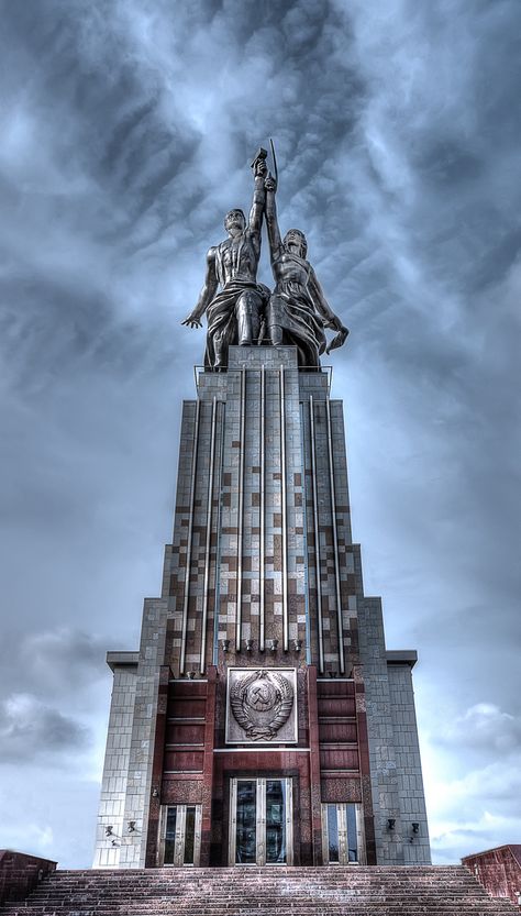 Worker and Kolkhoz Woman statue, a Soviet monument created by Soviet sculptor Vera Mukhina for the 1937 World's Fair in Paris.  It is now in Moscow, Russia.  by Dmitry Kukushkin Union Of Soviet Socialist Republics, Monumental Architecture, Russian Architecture, Soviet Art, Russian History, Brutalist Architecture, Art Deco Architecture, Brutalism, Moscow Russia