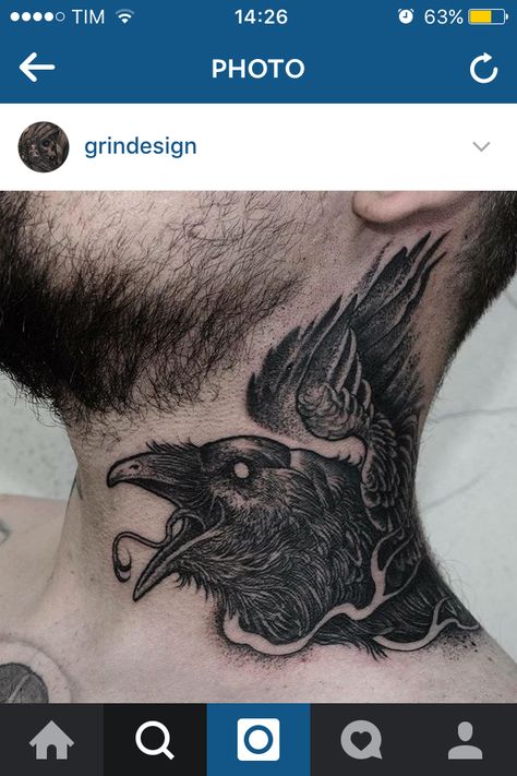 Crow Kneck Tattoos, Demon Tattoo, Raven Tattoo, Head Tattoos, Viking Tattoos, Neck Tattoo, Black Tattoos, New Tattoos, Blackwork