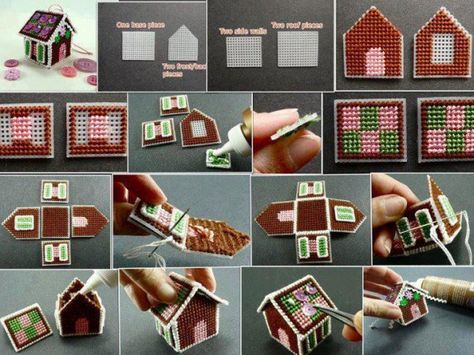 Petite maisons en canevas plastique Counted Embroidery, Plastic Canvas Books, Cross Stitch House, Plastic Canvas Stitches, Plastic Canvas Ornaments, Xmas Cross Stitch, Plastic Canvas Christmas, Christmas Decorations For The Home, Plastic Canvas Crafts