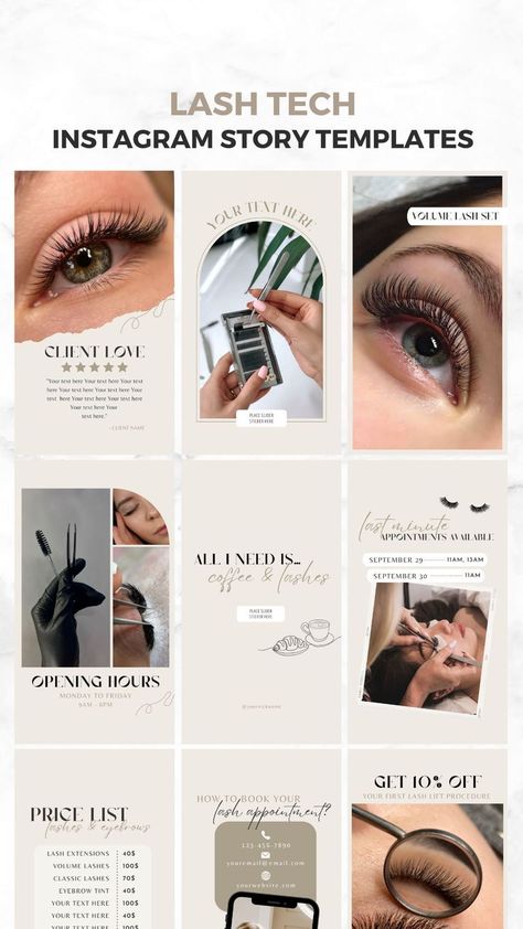 Lash Tech Instagram Story Template, Beige Lash Template Instagram, Lash Content Instagram Engagement Lash Studio Instagram Feed, Lash Extension Branding Ideas, Lash Tech Instagram Templates, Lash Instagram Story Ideas, Lash Post Ideas, Lashes Instagram Feed, Lash Instagram Theme, Lashes Branding, Lash Tech Instagram Posts