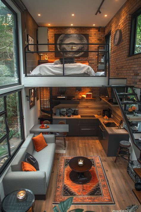 16 Unique Modern Tiny House Ideas to Inspire 31 Simple Tiny House Interior, Small Lofts Ideas, Space Saving House Design, Glamping Tiny House, Creative Home Design Ideas, Cement Tiny House, Cool House Ideas Creative Interior Design, Tiny House Inspiration Loft, Tiny Houses Plans