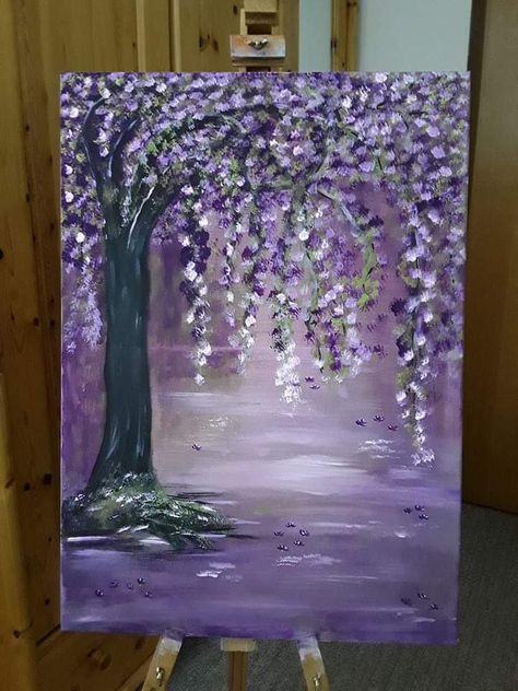 Purple Tree Painting, Purple Painting Ideas, Acrylic Paint Ideas, Purple Acrylic Painting, Purple Paintings, Purple Flower Painting, Purple Painting, Simple Canvas Paintings, Canvas Painting Designs