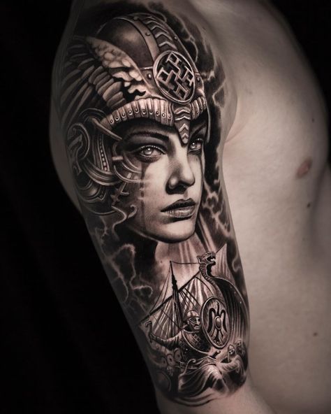 Nordic Sleeve, Freya Tattoo, Viking Warrior Tattoos, Freya Goddess, Valkyrie Tattoo, Viking Tattoo Sleeve, Green Tattoos, Odin Thor, Thor Loki