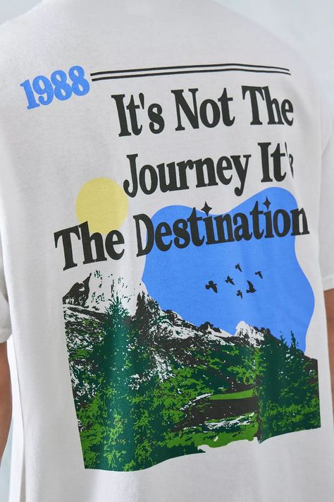 Take a trip with this graphic print journey tee. Complete with a crew neck, drop shoulders, short sleeves and a scenic graphic print to reverse, topped with 'It's Not The Journey It's The Destination' logo to reverse. Mens Graphic Tee, Cool Tees, Sleeve Designs, The Journey, Graphic Prints, Shirt Shop, Color Coding, Latest Fashion, Urban Outfitters