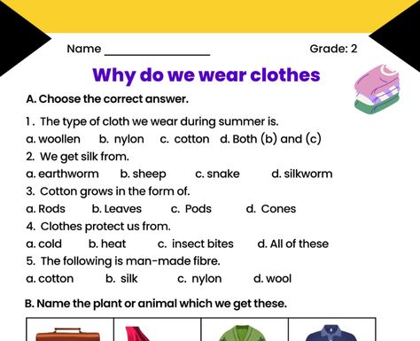 Clothes We Wear Worksheet, Evs Worksheet For Class 1 Clothes, Nutrition In Plants, Clothes Worksheet, Worksheet For Class 2, Human Body Worksheets, Worksheets For Class 1, English Grammar For Kids, Educational Platform