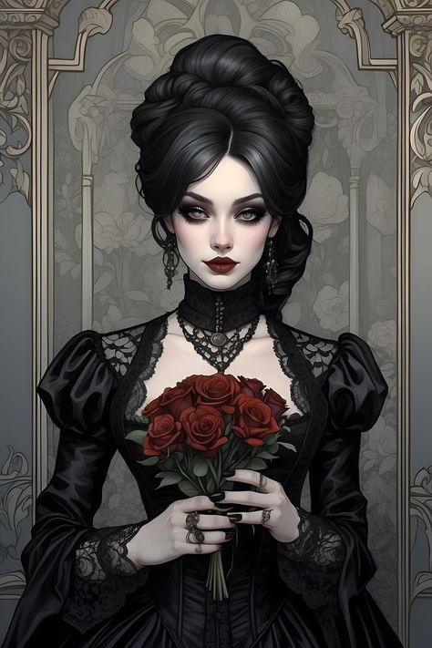 Bouquet Of Black Roses, Black Dress With Roses, Ginger Art, Victorian Makeup, Victorian Gothic Dress, Gothic Girl Art, Modele Fitness, Etiquette Vintage, Dark Fantasy Artwork