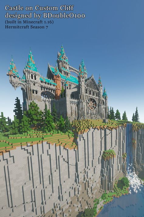 BDoubleO100, or Bdubs, outdone himself again. He built this cliff all by himself, block by block. Before Minecraft 1.17 Cliffs update! Look at the castle; its rose window, spires, copper roof... yes, COPPER roof. Again, before Minecraft 1.17 update that officially introduces copper blocks! Read my Hermitcraft blog for his Season 7 journey! Minecraft Cliff House, Minecraft Marvel, Minecraft Castle Designs, Minecraft Banners, Minecraft Castle, Diy Minecraft, Minecraft Medieval, Rose Window, Medieval Village