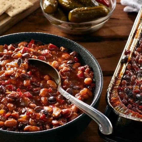 - Oklahoma Joe's Smoked Beans Bbq Beans Recipe, Bbq Apps, Smoked Beans, Smoked Baked Beans Recipe, Smoker Meals, Alabama Recipes, Smoked Baked Beans, Oklahoma Joe Smoker, Meat Sauces