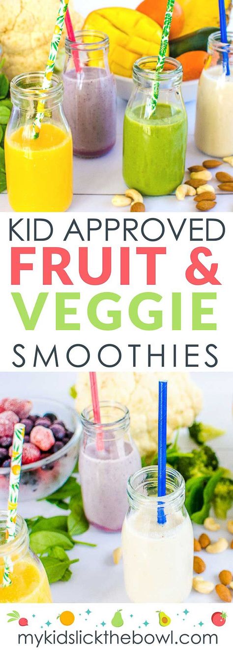 Fruit and veggie smoothies for kids, that have been tried and tested by my kids, healthy and easy, perfect for picky eaters Veggie Smoothies For Kids, Fruit And Veggie Smoothies, Smoothie Combinations, Toddler Smoothies, Fruit Vegetable Smoothie, Smoothie Recipes For Kids, Veggie Smoothies, Smoothie Fruit, Picky Eaters Kids