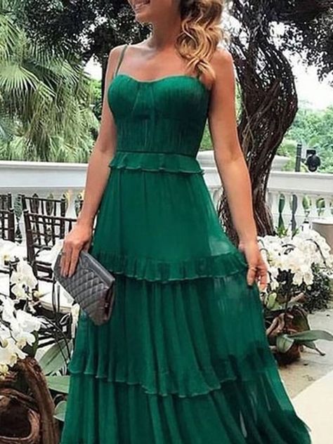 Sleeveless A-Line Cascading Ruffles Floor-Length Graduation Dress @ M.Tidebuy.com White Dress Flowy, Flowy Dress Long, Green Evening Dress, Dress Flowy, Maxi Robes, Suspender Dress, Floor Length Dresses, Style Maxi Dress, Evening Dresses Prom