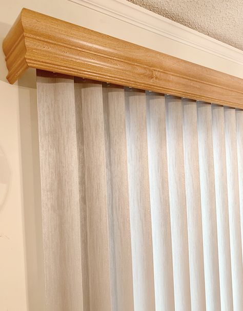 Wood Cornice Over Vertical Blinds, Curtain Wooden Pelmet, Wooden Pelmet, Curtain Box, Latest Curtain Designs, Graber Blinds, Wood Cornice, Wood Curtain Rods, Wood Curtain