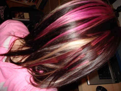 pink and blonde highlights Pink And Blonde Highlights, Pink Black Hair, Pink Hair Streaks, Pink And Black Hair, Skunk Hair, Y2k Hair, Hair Streaks, Dyed Hair Inspiration, Hair Stylies