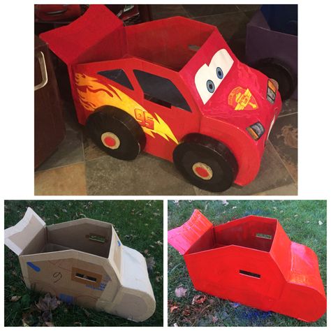 Disney Cars Cardboard Box Car, Cardboard Box Lightning Mcqueen, Diy Cars Halloween Costume, Lightning Mcqueen Diy Costume, Lightning Mcqueen Cardboard Car, Lightning Mcqueen Box Car, Diy Lightening Mcqueen Costume, Family Cars Costume, Lightning Mcqueen Valentines Boxes