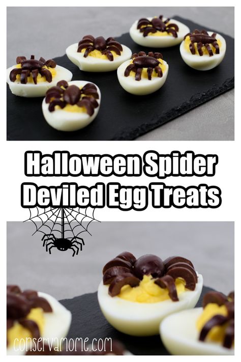 Halloween Spider Deviled Egg Treats - ConservaMom 50th Birthday Party Food, Halloween Party Punch, Halloween Apps, Halloween Deviled Eggs, Shaped Sugar Cookies, Halloween Party Foods, Creepy Halloween Food, October Vibes, Creamy Pumpkin Soup