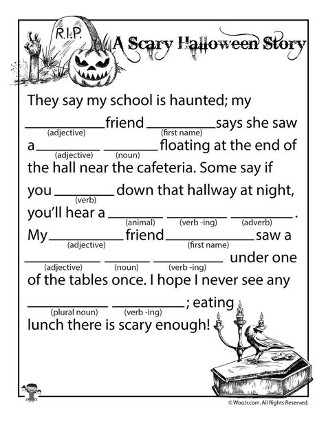 A Scary Halloween Story Mad Lib Mad Lips, Halloween Stories For Kids, Halloween Mad Libs, Classroom Parent, Teen Games, Halloween Stem, Room Parent, Ad Libs, Halloween Worksheets