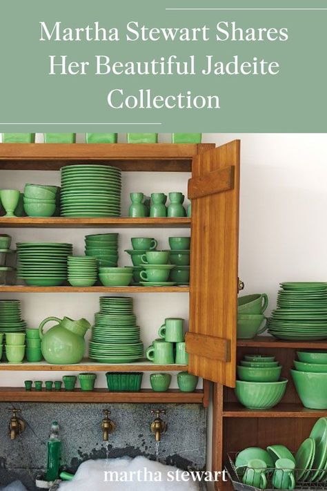 Take a look at Martha and Alexis Stewart's showstopping collection of these gorgeous green glass pieces. As jadeite's straightforward, honest shapes and fresh color embody American optimism in the mid-20th century and are popular collectibles that are useable. #marthastewart #colorfuldecor #decorideas #diydecor Green Dishes, Martha Stewart Home, Table Farmhouse, Green Belt, Green Collection, Vintage Dishes, Kitchen Stuff, Martha Stewart, Decoration Table