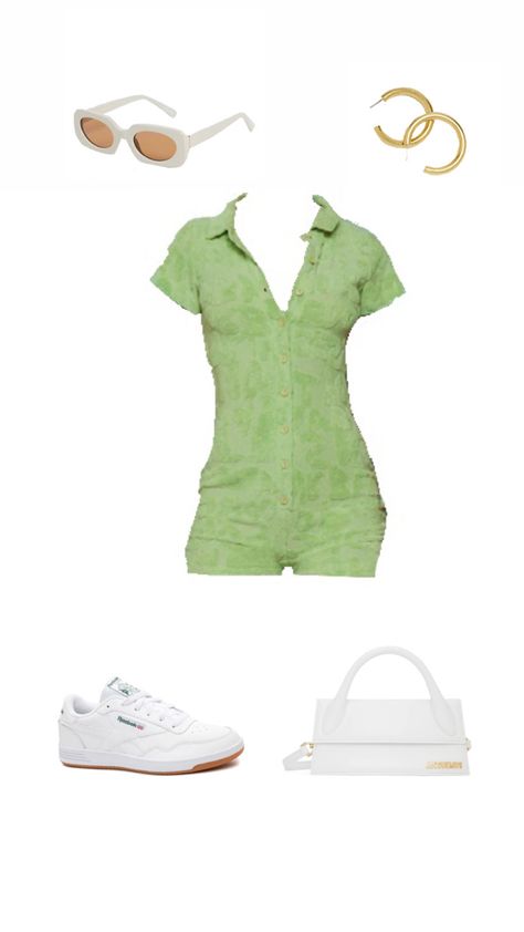 Green romper, white sneakers, gold hoop earrings, white oversized sunglasses, white clutch purse Jaded London Playsuit, Jumpsuit Festival Outfit, Broccoli City Festival Outfit, Festival Playsuit, Uk Festival Outfit, Leeds Fest, Festival Fits, Gov Ball, Trying Something New