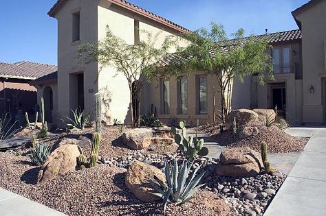 Desert Front Yard, Mound Landscaping, Desert Landscape Front Yard, Xeriscape Landscaping, Arizona Landscape, Front Yard Design, Front Landscaping, Beautiful Yards, Rock Garden Landscaping