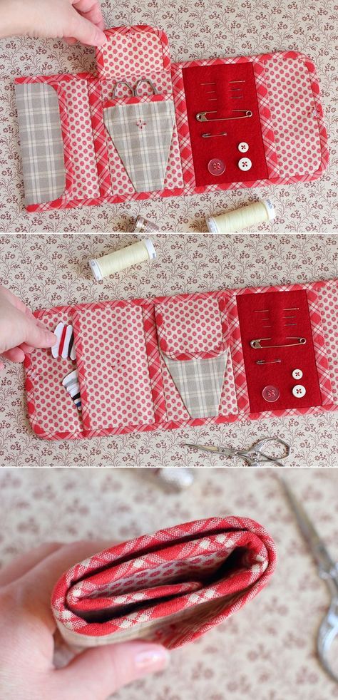 Handy organizer for thread, scissors, needles, pins, etc. Sewing Kit Pouch, Sewing Kit Organizer, Sewing Kit Storage, Sewing Pattern Storage, Sewing Kits Diy, Sewing Kit Bag, Sewing Kit Pattern, Sewing Organizer, Travel Sewing Kit