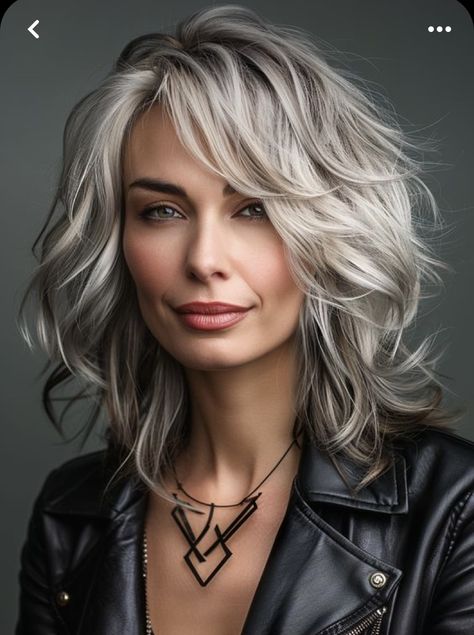 Dark Highlights On Gray Hair, Highlights For Silver Hair, Shag Gray Hairstyles, Hair Color Ideas For White Hair, Gray Hair Color Ideas Over 50, Best Hair Color For Graying Hair Over 50, Highlights With Grey Hair, Very Layered Hair Medium Over 50 2024, Silver And Blonde Hair