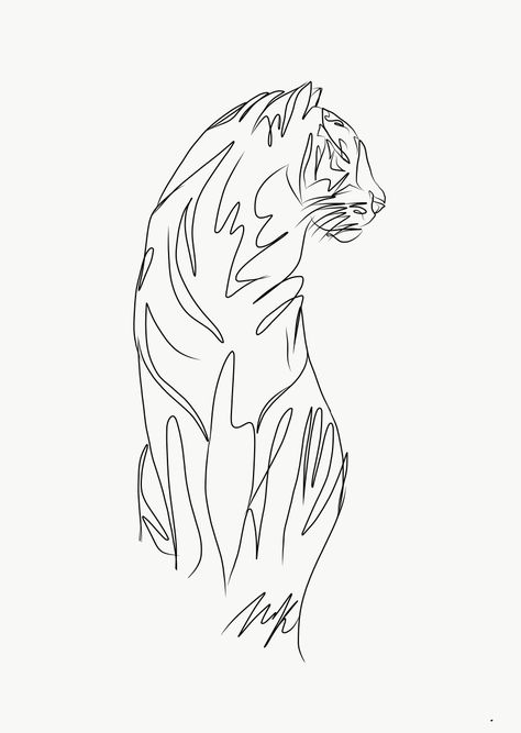 Line Tiger Tattoo, One Line Tiger Tattoo, Simple Tiger Tattoo Outline, Line Art Tiger Tattoo, Tiger Illustration Tattoo, Tattoo Tiger, Tiger Line Drawing, Tiger Tattoos, Tiger Graphic Design