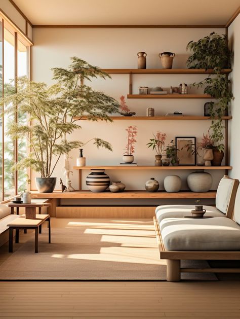 Minimal Boho Interior, Japandi Interior Plants, Japan Salon Design, Japanese Inspired Homes, Japandi Accent Wall, Japanese Design Interior, Japan Interior Design Modern, Japanese Interior Design Bedroom, Minimal House Interior