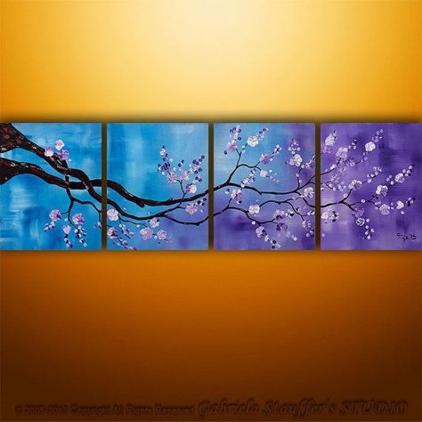 Square Canvas Painting Ideas, Square Canvas Painting, Multi Canvas Painting, Tree Blossom, Modern Asian, Board Art, Canvas Painting Diy, Textured Painting, Acrylic Painting Techniques