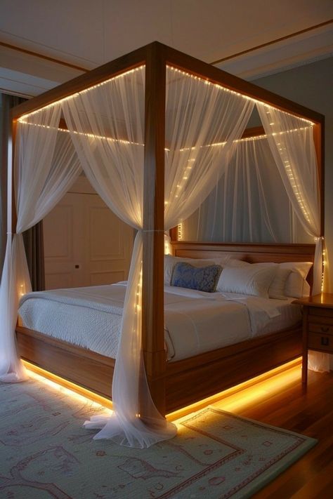 Canopy Bed With Lights, Bed With Lights, Indian Bedroom Design, Canopy Bed Ideas, Modern Canopy Bed, Modern Canopy, Kids Bed Design, Canopy Bed Frame, Luxe Bedroom