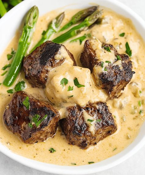 Garlic Butter Steak Bites With Parmesan Cream Sauce Recipe Cream Cheese Mashed Potatoes Recipe, Parmesan Cream Sauce Recipe, Steak Cream Sauce, Cream Cheese Mashed Potatoes, Garlic Butter Steak Bites, Butter Steak Bites, Oven Baked Chicken Thighs, Cream Sauce Recipe, Cheese Mashed Potatoes