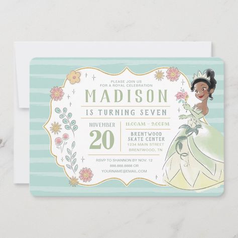 Princess Tiana | Floral Watercolor Birthday Invitation Birthday Invitations Princess, Princess And The Frog Birthday, Tiana Birthday Party, Disney Modern, Frog Birthday, Confetti Invitation, Disney Princess Birthday Party, Princesa Tiana, Princess Birthday Invitations