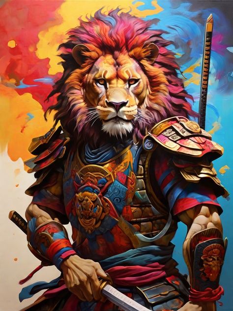 lion samurai, vibrant colors Lion Samurai, Samurai Art, Lion, Character Design, Vibrant Colors, Yellow, Color, Design, Art