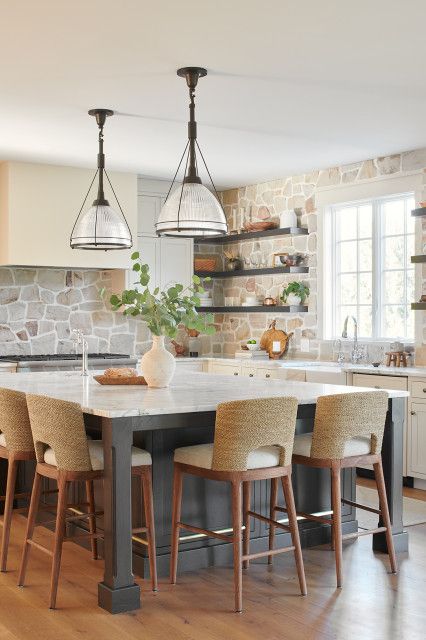 Stone And Tile Backsplash, Mixed Woods In Kitchen, Stone Veneer Backsplash, Accent Wall Rustic, Stone Kitchen Backsplash, Rock Backsplash, Natural Stone Kitchen, Natural Stone Backsplash, Stone Backsplash Kitchen