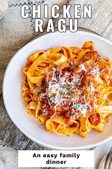 This amazing Chicken Ragu is the ultimate in easy comfort food! It takes hardly any effort, cooks in the oven, and is big on flavor! You can serve it over pasta, gnocchi, cheesy polenta, or mashed potato for a delicious family meal that everyone will love. Add a side salad and some garlic bread, and dinner is done. It is the perfect family meal, or serve it to guests, I know they'll be impressed. Giada Chicken Ragu, Chicken Ragu, Ragu Pasta Sauce, Cheesy Polenta, Pasta Gnocchi, Grilled Chicken Pasta, Healthy Italian Recipes, Tea Sandwiches Recipes, Amazing Chicken