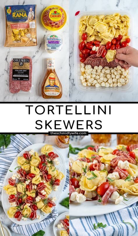 Tortellini Skewers Italian Dressing, Tortellini On A Stick, Easy Tortellini Appetizers, Tortellini Pasta Skewers, Tortellini Recipes Appetizers, Tortalini Appetizers, Marinated Tortellini Skewers, Party Food Cold Make Ahead, 1st Birthday Party Appetizers