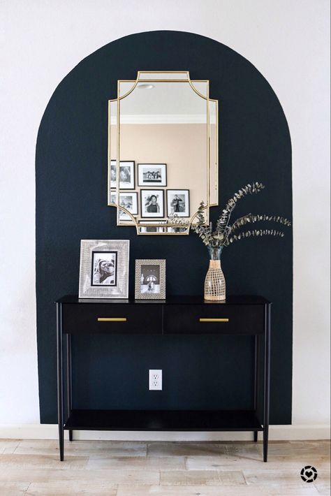 We recently painted this navy color block arch and it paired perfectly with a gold mirror and a black metal console table. Love mixing different materials for a more modern look, sometimes ecclectic home design. #colorblock #colorblocking #paintedarch #darkwalls Painted Arch, Perfect Apartment, Bedroom Redesign, Open Concept Home, Diy Sofa, White Rooms, Dream Apartment, Ikea Hacks, Buffet Table