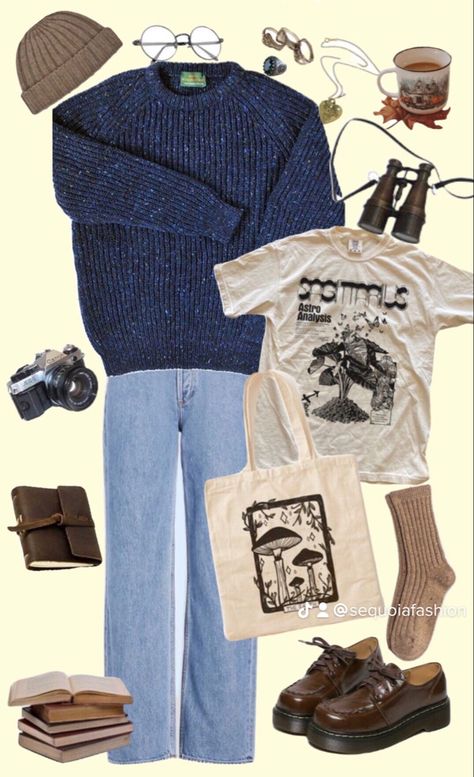 Artsy Outfits Men, Barista Aesthetic Outfit Male, Grandpacore Outfit Boy, Mac Demarco Aesthetic Outfits, Cool Barista Outfit, Granola Aesthetic Outfit Men, Grunge Granola, Environmental Science Aesthetic Outfit, Cmbyn Aesthetic Outfit