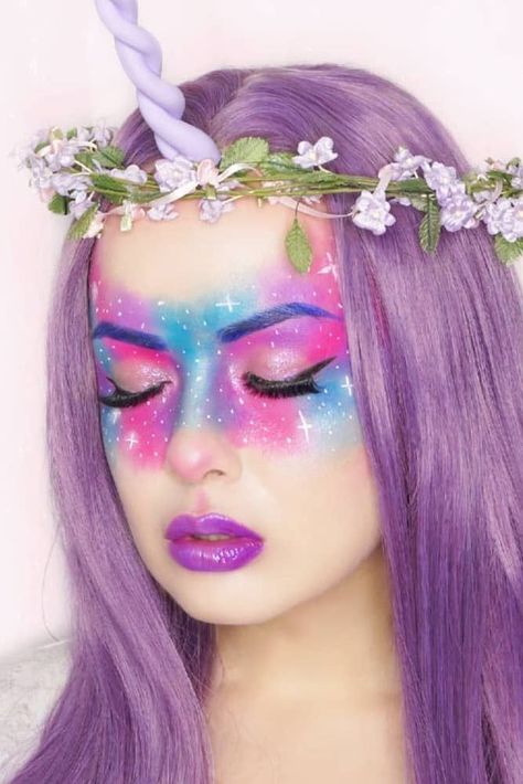 Easy Unicorn Makeup, Easy Fairy Makeup, Unicorn Makeup Ideas, Dark Fairy Makeup, Makeup Unicorn, Unicorn Makeup Halloween, Rosa Make-up, Galaxy Unicorn, Halloween Unicorn