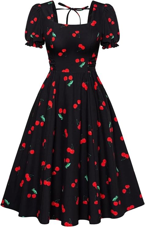 Belle Poque Womens Cute Homecoming Dresses Vintage Retro Knee Length Tea Party Dresses with Pockets Black Cherry M at Amazon Women’s Clothing store Square Neck Puff Sleeve Dress, Buttoned Dress, Cute Homecoming Dresses, Tea Party Dress, Cherry Dress, Quick Outfits, Puff Sleeve Dress, Prom Outfits, Vestidos Vintage