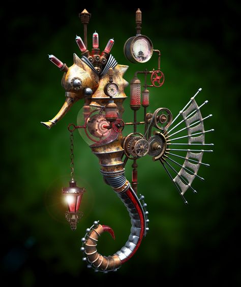 Steampunk Illustration, Steampunk Animals, Steampunk Artwork, Steampunk Tendencies, Steampunk Design, Sea Horse, Steampunk Art, Assemblage Art, Retro Futurism