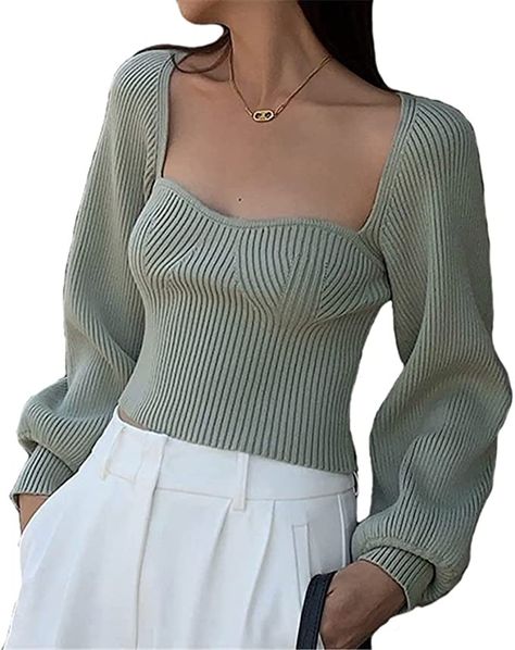 Crop Top For Women, Lantern Sleeve Sweater, French Pattern, Clothing Details, Burgundy Sweater, Loose Outfit, Pullover Sweater Women, Ribbed Knit Sweater, Top For Women