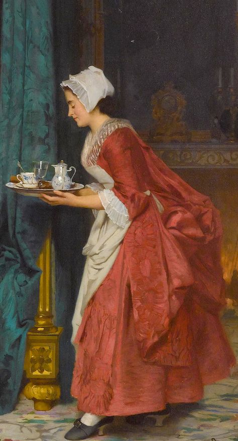 Detail of lady's maid bringing her mistress her morning chocolate from the genre painting In the Morning (1865). Joseph Caraud Maid Painting, Genre Painting, Carl Spitzweg, Woman In Red, 18th Century Costume, 18th Century Fashion, Tea Art, Old Paintings, Antique Paint