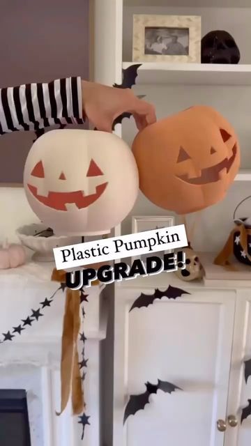 Caitlin Kruse on Instagram: "Plastic pumpkin upgrade!   This is one of my favorite simple ways to customize a $2 plastic pumpkin. They will last longer if you keep them indoors, protected from the elements.   🎃🎃🎃🎃" Plastic Halloween Pumpkin Ideas, Plastic Pumpkin Ideas, Plastic Pumpkin Decorating Ideas, Plastic Pumpkins Makeover, Plastic Pumpkins Crafts, Happy Halloweenie, Plastic Pumpkins, Halloween Family, Party Inspo